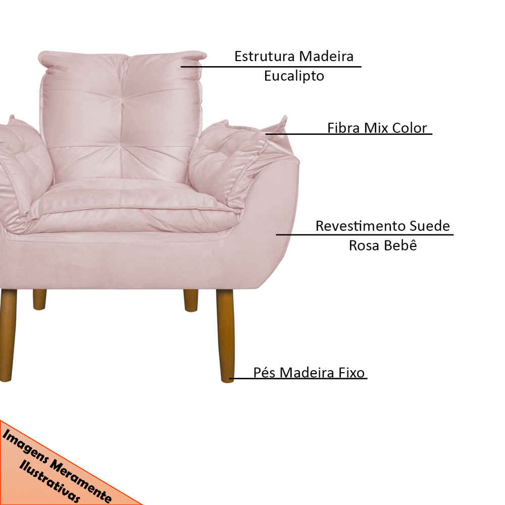 Poltrona Decorativa para Sala de Estar Opala Suede Rosa Claro - Montanaris Decor