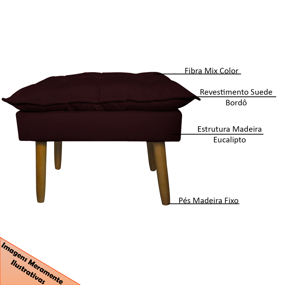 Puff Decorativo para Sala de Estar Opala Suede Bordô- Montanaris Decor