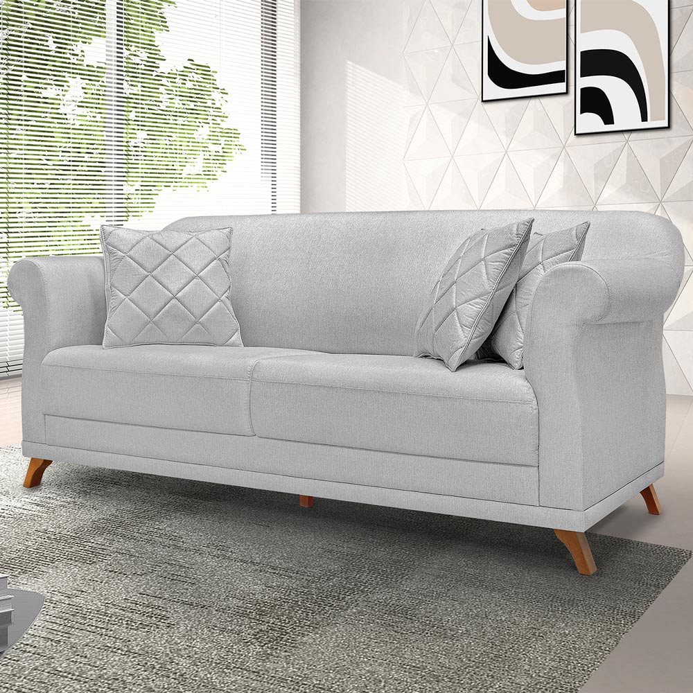 Sofá 3 Lugares para Sala de Estar 200cm Eva Linho Cinza Claro - Montanaris Decor