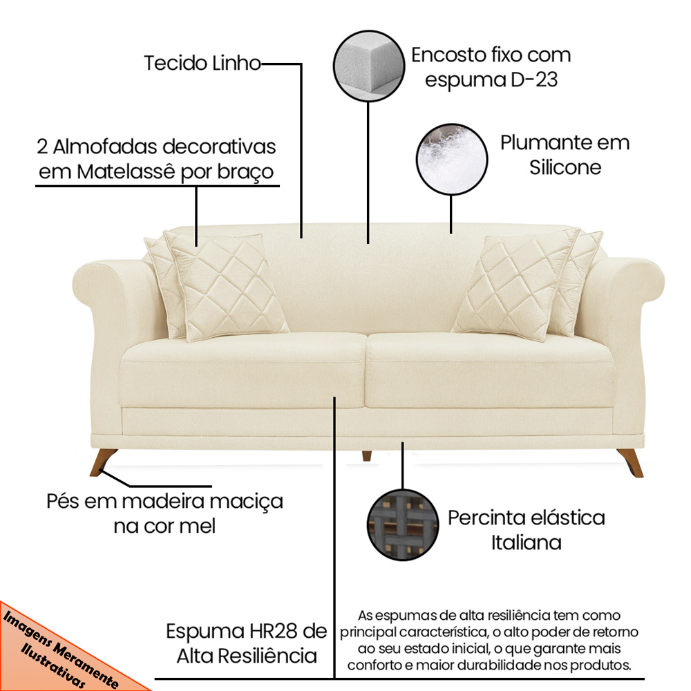 Sofá 3 Lugares para Sala de Estar 200cm Eva Linho Off White - Montanaris Decor