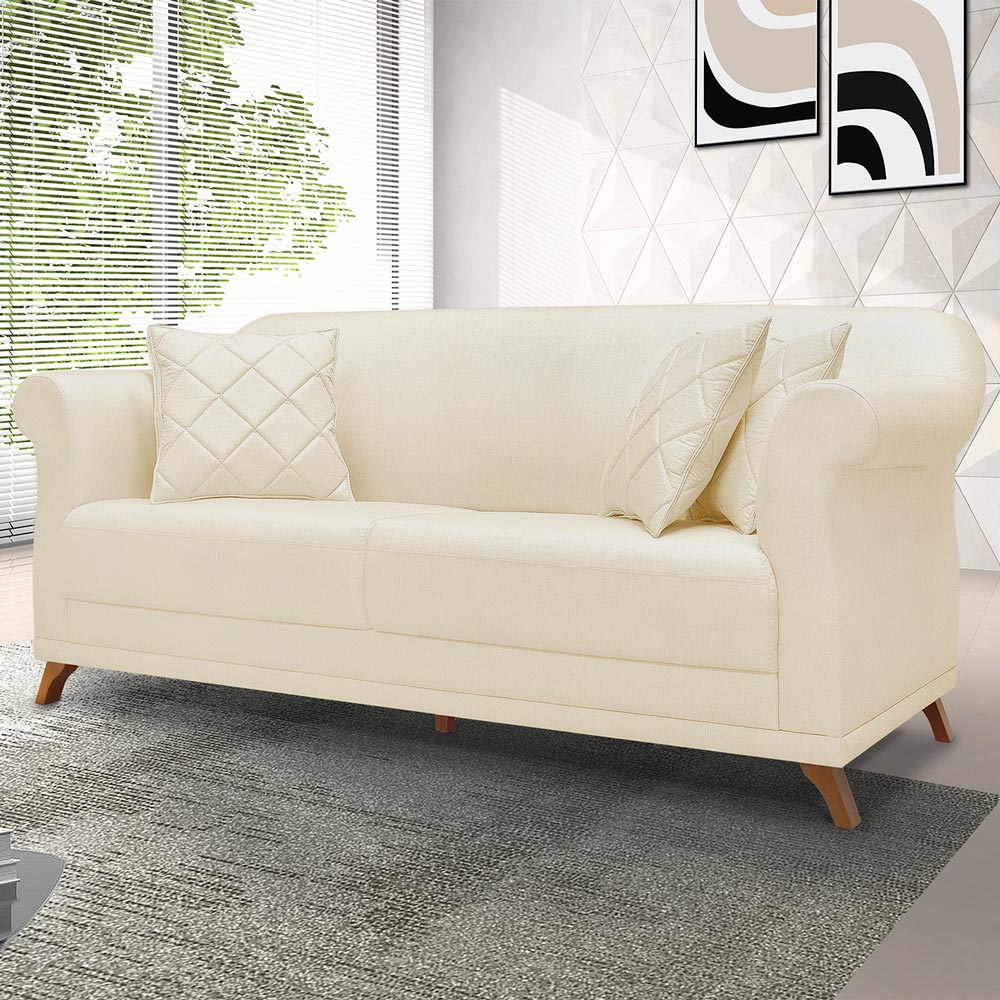 Sofá 3 Lugares para Sala de Estar 200cm Eva Linho Pérola - Montanaris Decor