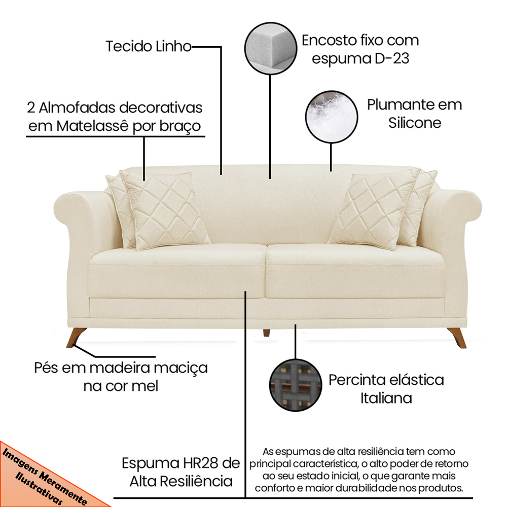 Sofá 3 Lugares para Sala de Estar 200cm Eva Linho Pérola - Montanaris Decor