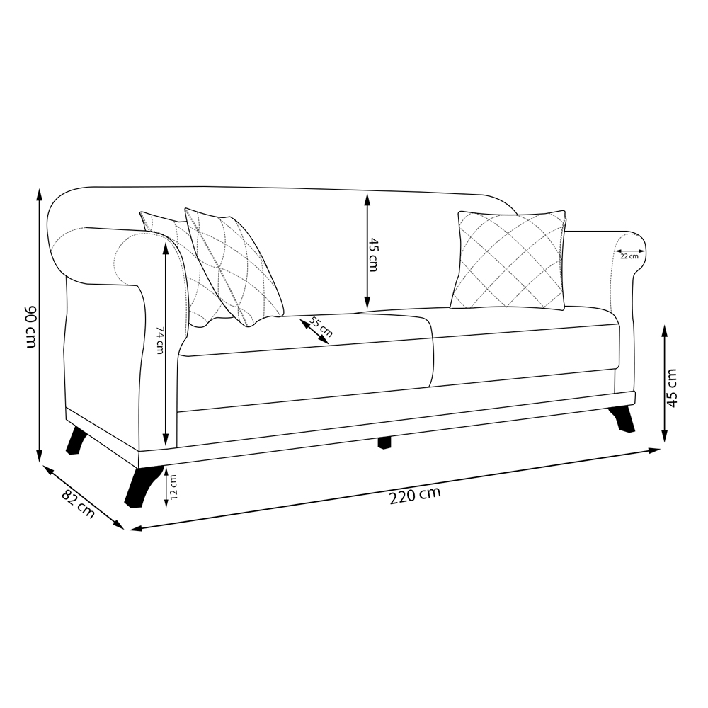 Sofá 3 Lugares para Sala de Estar 220cm Eva Linho Cinza - Montanaris Decor