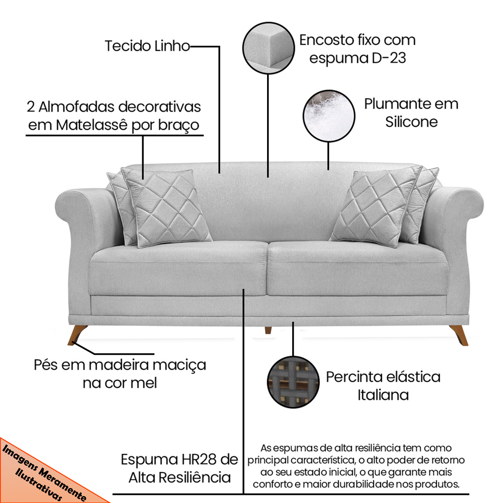 Sofá 3 Lugares para Sala de Estar 220cm Eva Linho Cinza Claro - Montanaris Decor