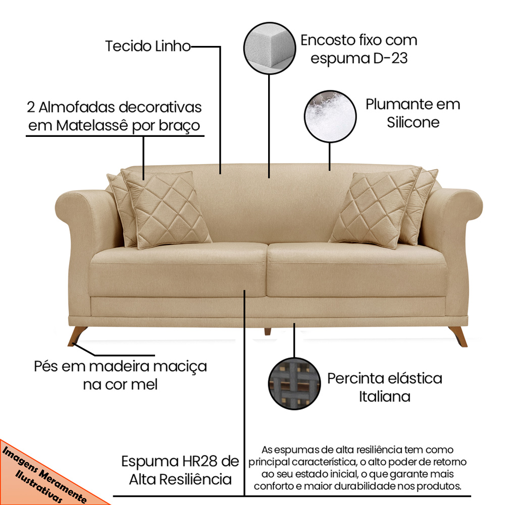 Sofá 3 Lugares para Sala de Estar 220cm Eva Linho Dourado - Montanaris Decor