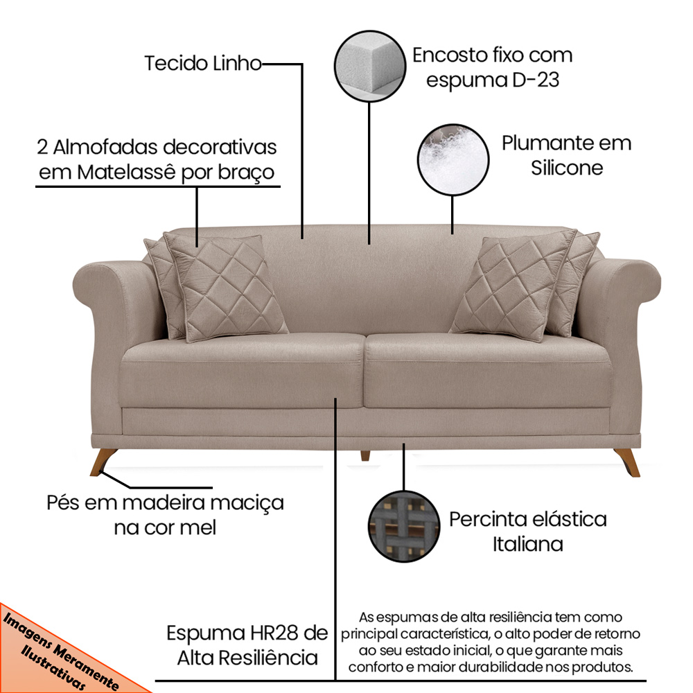 Sofá 3 Lugares para Sala de Estar 220cm Eva Linho Marrom - Montanaris Decor