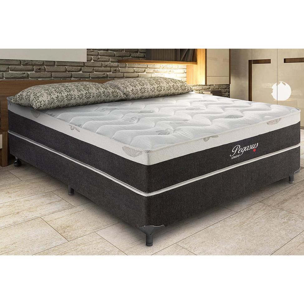 Cama Box Casal Pegasus com Colchão Casal Molas Ensacadas Cinza e Branca