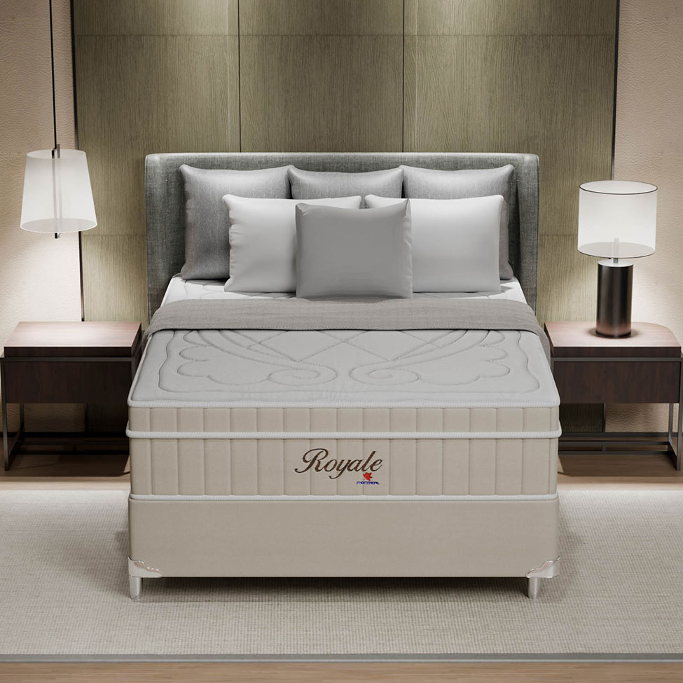 Cama Box Casal Royale com Colchão Casal Molas Ensacadas Bege e Branca