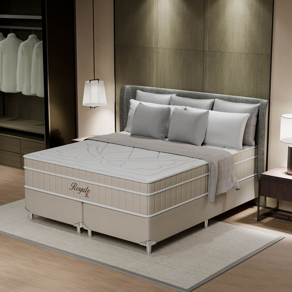 Cama Box King Royale com Colchão King Molas Ensacadas Bege e Branca