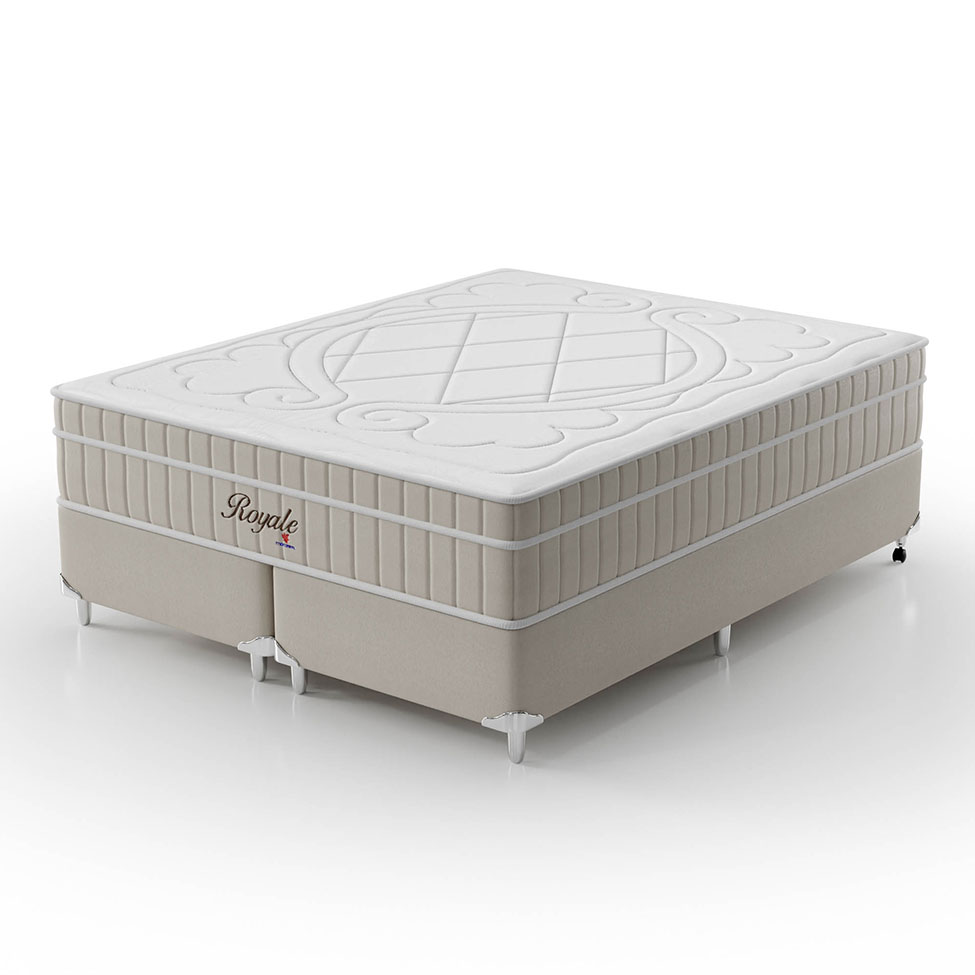 Cama Box King Royale com Colchão King Molas Ensacadas Bege e Branca