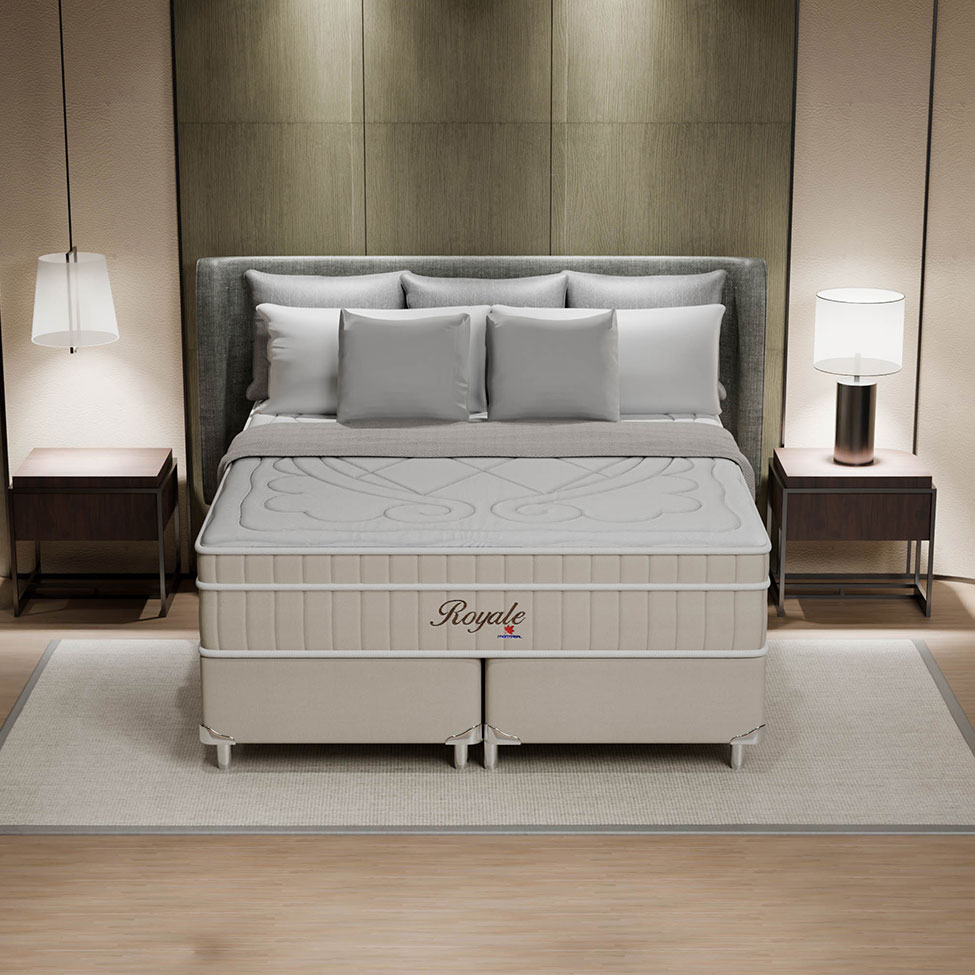 Cama Box King Royale com Colchão King Molas Ensacadas Bege e Branca