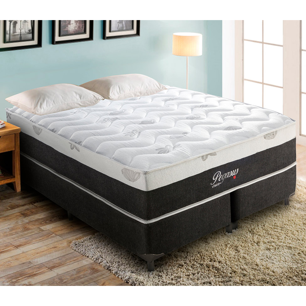 Cama Box Queen Pegasus com Colchão Queen Molas Ensacadas Cinza e Branca