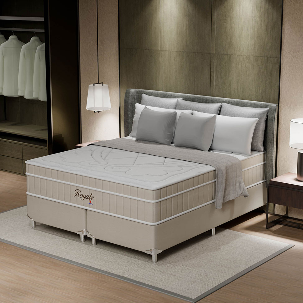 Cama Box Queen Royale com Colchão Queen Molas Ensacadas Bege e Branca