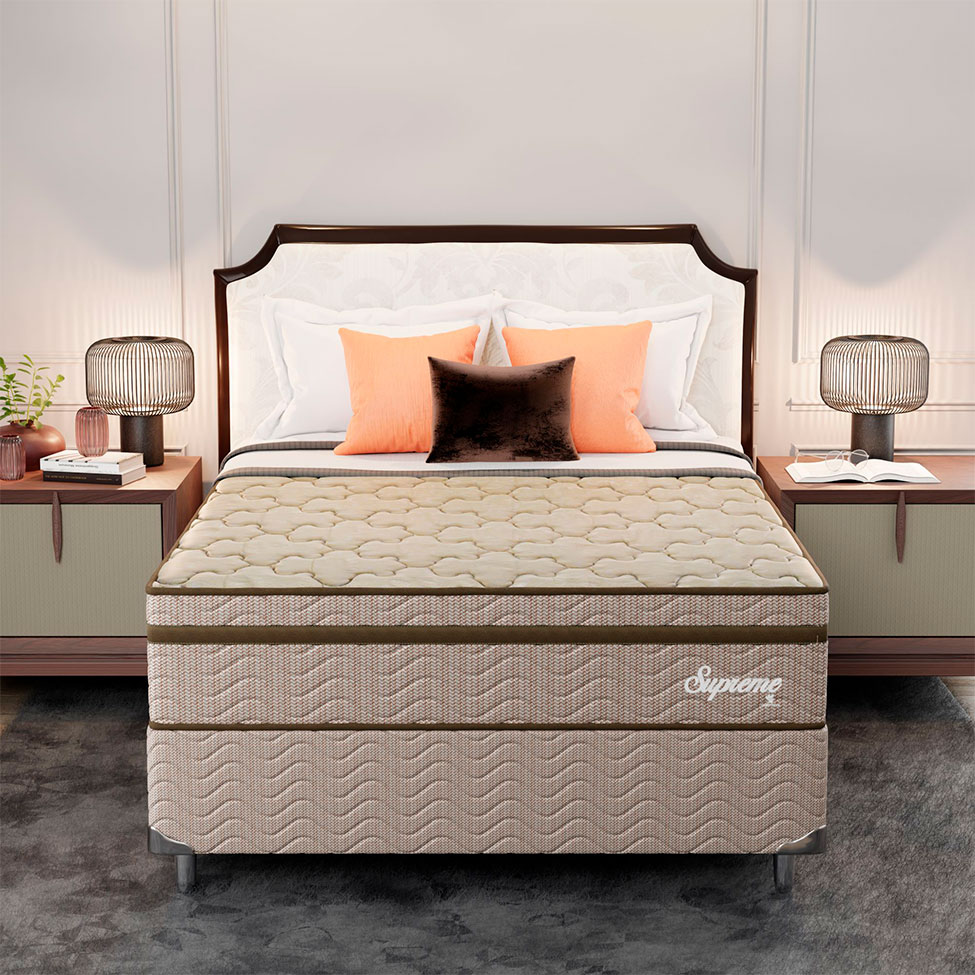Cama Box com Colchão Casal Supreme Mola Ensacada (72x138x188) Dourado