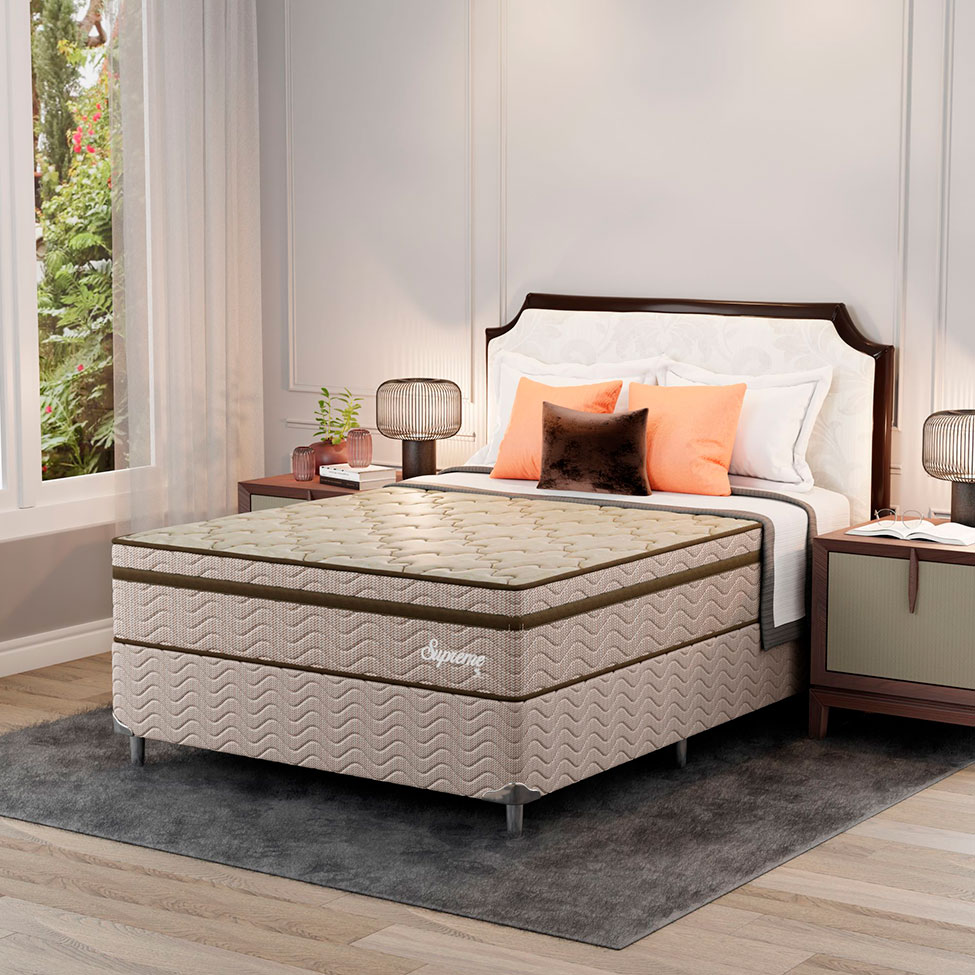 Cama Box com Colchão Casal Supreme Mola Ensacada (72x138x188) Dourado