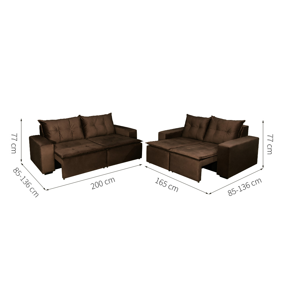 Conjunto de Sofá 2 e 3 Lugares Retrátil Paraty Suede Chocolate