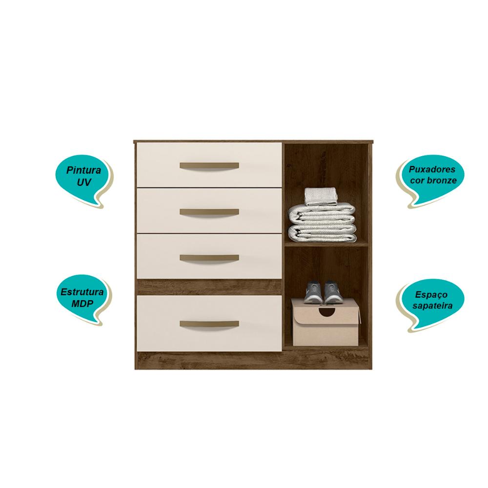 Cômoda Sapateira 4 gavetas Vênus - Castanho Wood / Baunilha