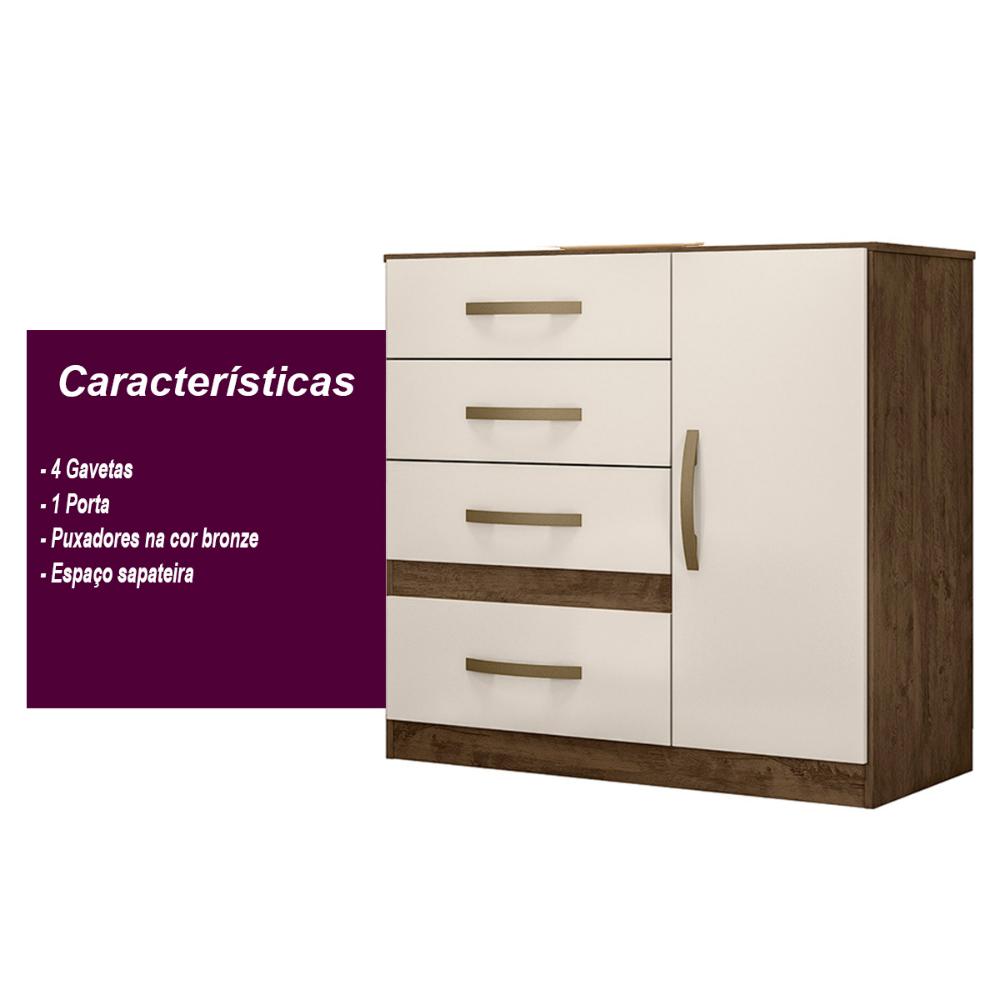 Cômoda Sapateira 4 gavetas Vênus - Castanho Wood / Baunilha