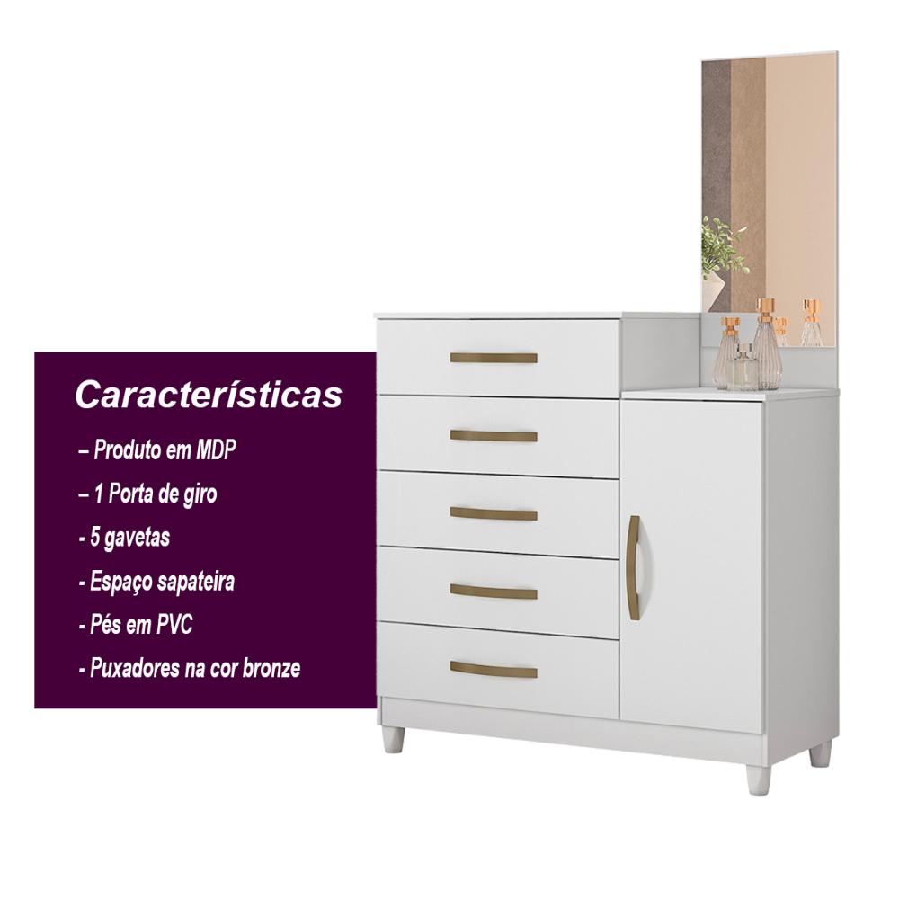 Cômoda Sapateira 5 gavetas com Espelho Lisboa - Branco
