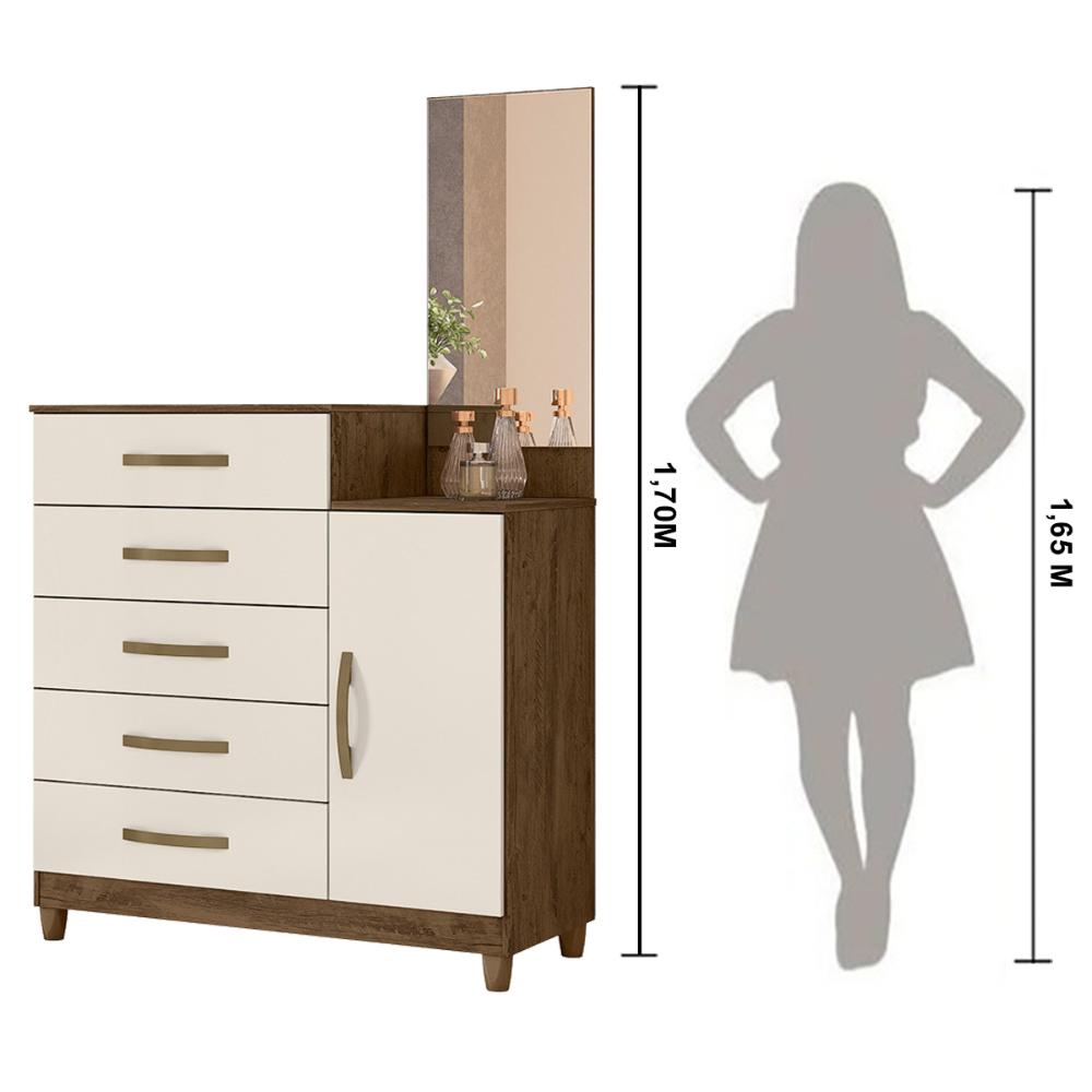 Cômoda Sapateira 5 gavetas com Espelho Lisboa - Castanho Wood / Baunilha
