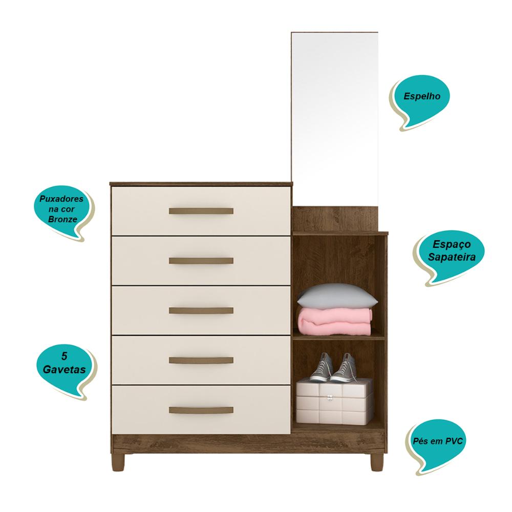Cômoda Sapateira 5 gavetas com Espelho Lisboa - Castanho Wood / Baunilha