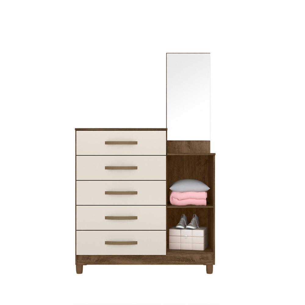 Cômoda Sapateira 5 gavetas com Espelho Lisboa - Castanho Wood / Baunilha