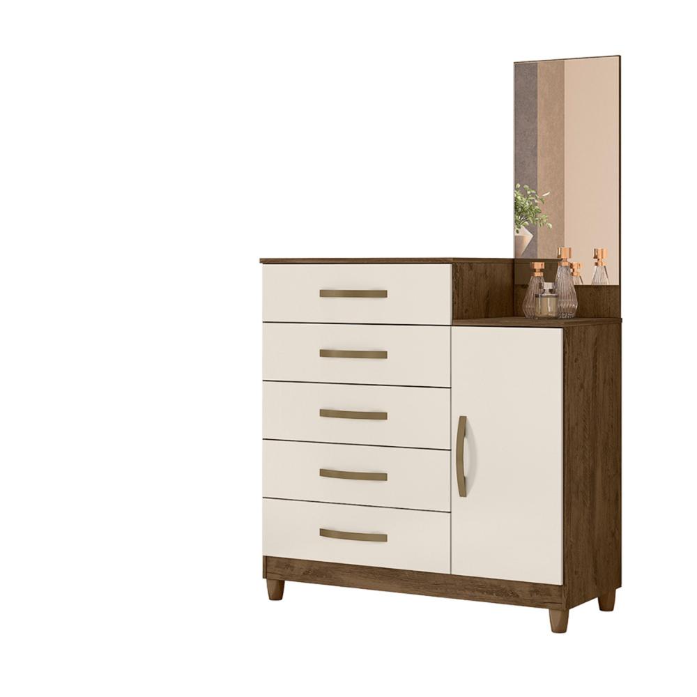 Cômoda Sapateira 5 gavetas com Espelho Lisboa - Castanho Wood / Baunilha