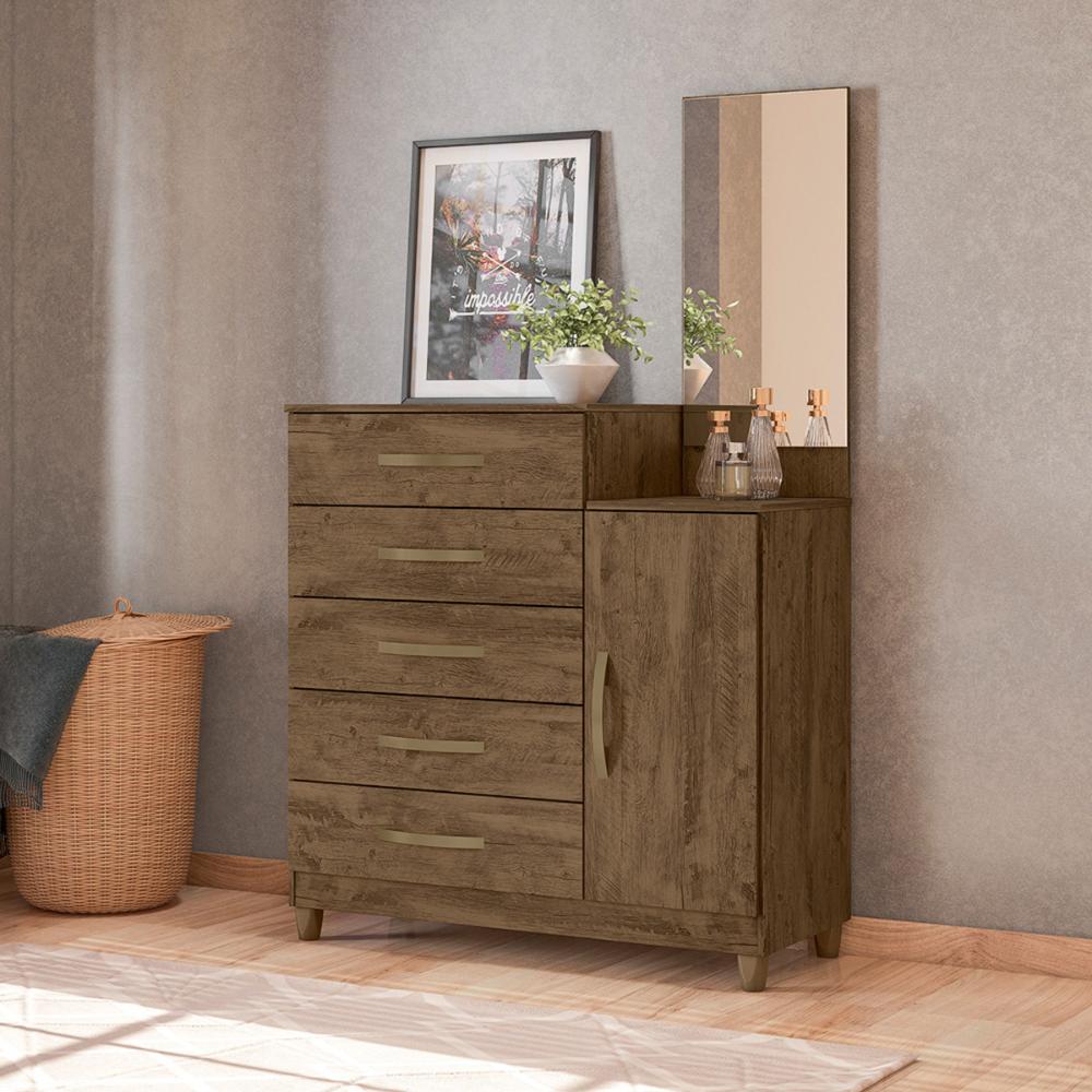 Cômoda Sapateira 5 gavetas com Espelho Lisboa - Castanho Wood