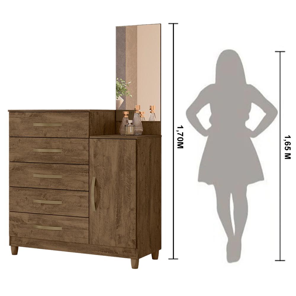 Cômoda Sapateira 5 gavetas com Espelho Lisboa - Castanho Wood