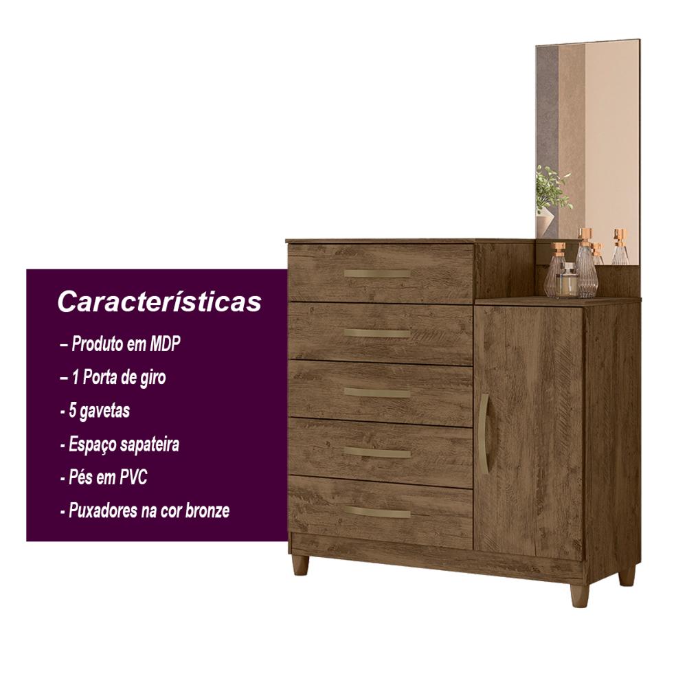 Cômoda Sapateira 5 gavetas com Espelho Lisboa - Castanho Wood