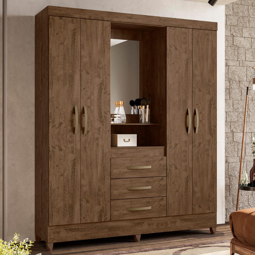 Cômoda e Roupeiro com Espelho Cairo Castanho Wood