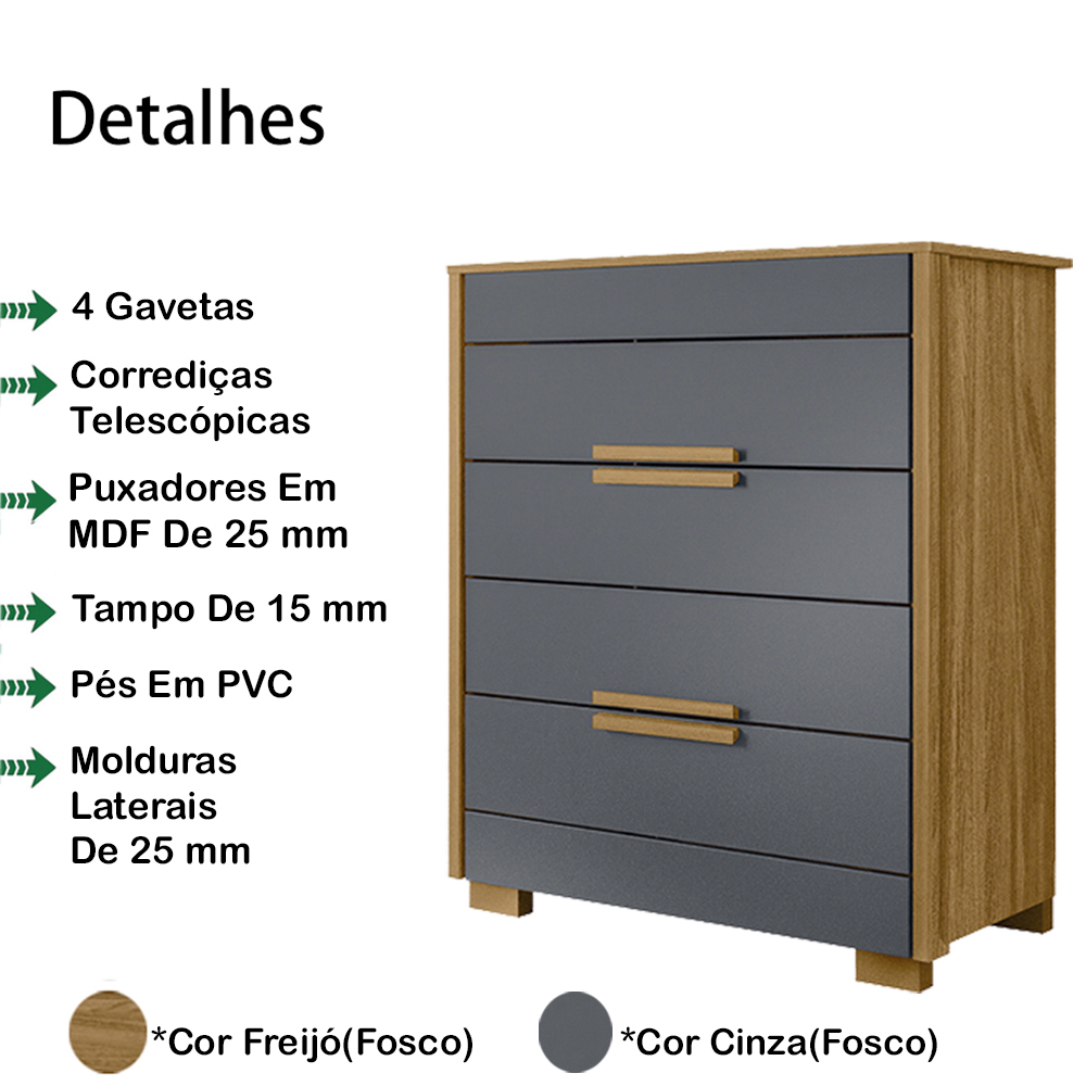 Comoda 4 Gavetas Corrediças Telescopicas 9970 Freijo Cinza Moval