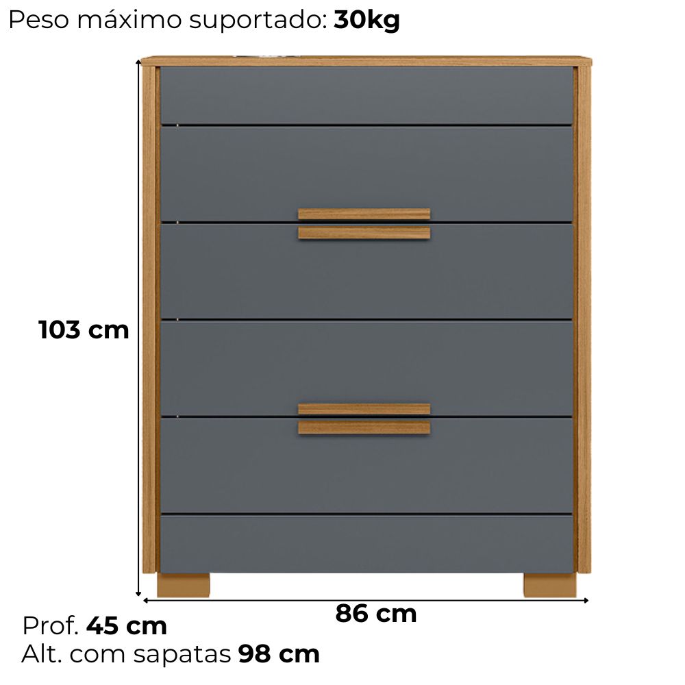 Comoda 4 Gavetas Dhara 86 cm Freijo Cinza Moval