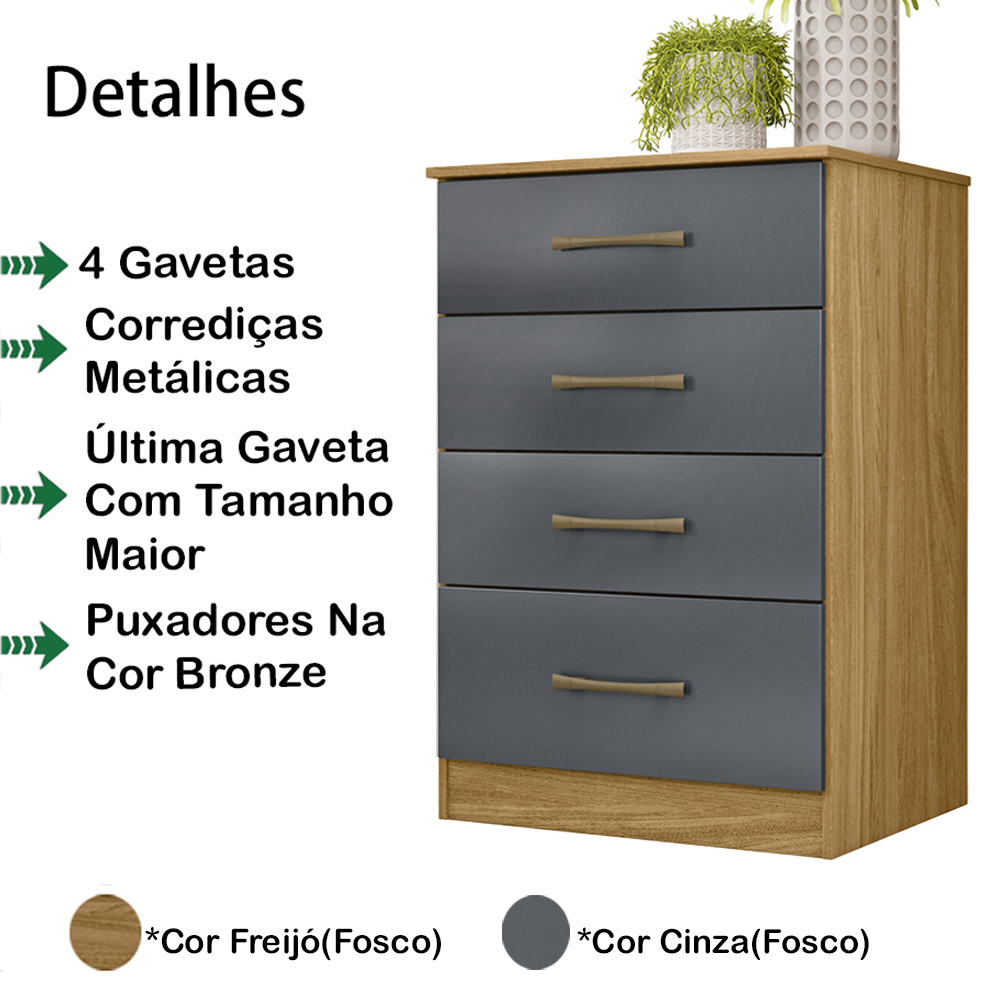 Comoda 4 Gavetas MS9130 Freijo Cinza Moval