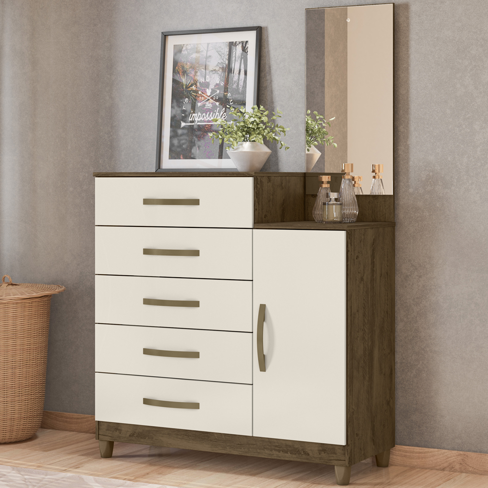 Comoda 5 Gavetas E 1 Porta Com Espelho 9373 Castanho Wood Off White Moval