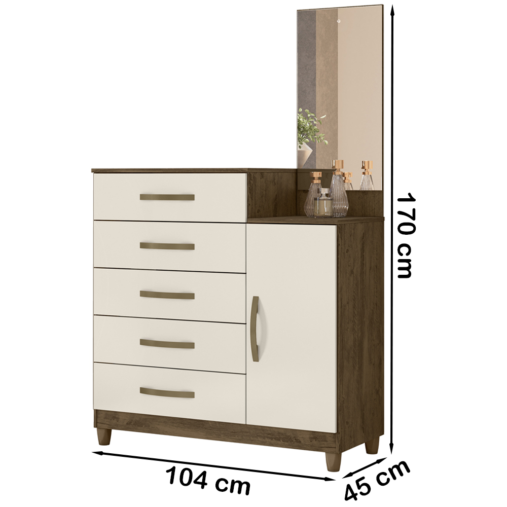 Comoda 5 Gavetas E 1 Porta Com Espelho 9373 Castanho Wood Off White Moval