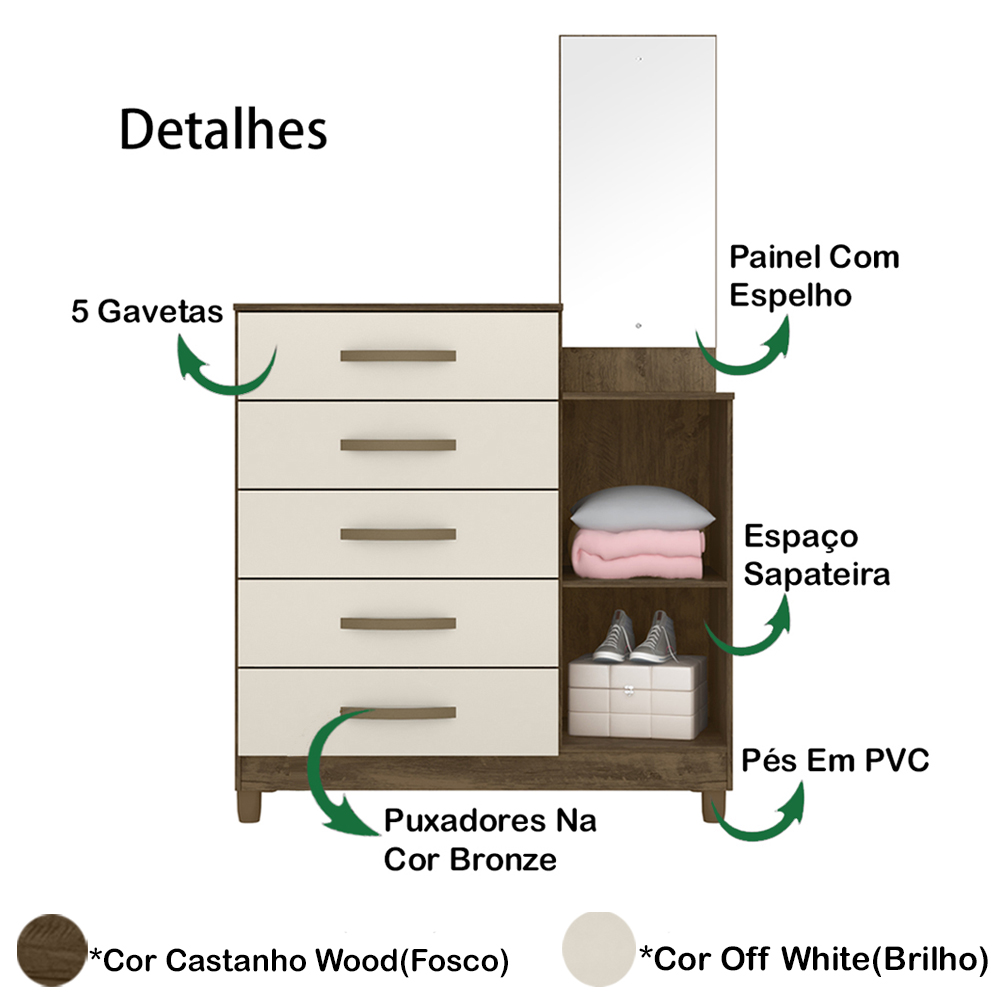 Comoda 5 Gavetas E 1 Porta Com Espelho 9373 Castanho Wood Off White Moval