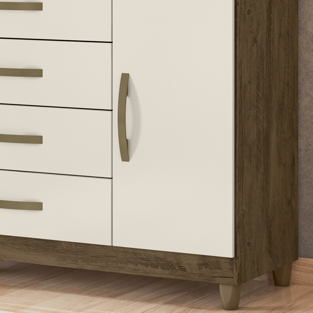 Comoda 5 Gavetas E 1 Porta Com Espelho 9373 Castanho Wood Off White Moval