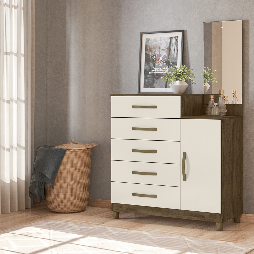 Comoda 5 Gavetas E 1 Porta Com Espelho 9373 Castanho Wood Off White Moval