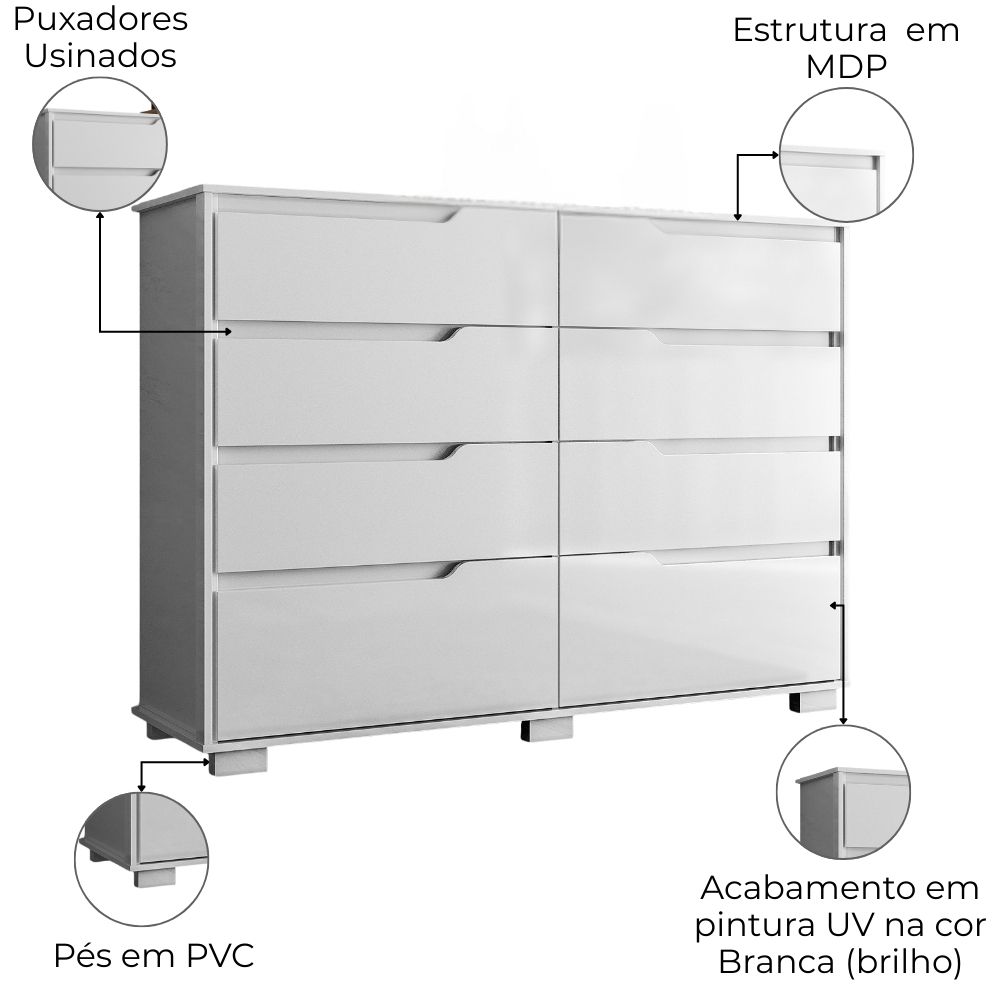 Comoda Georgia 8 Gavetas 147 cm Branco Moval