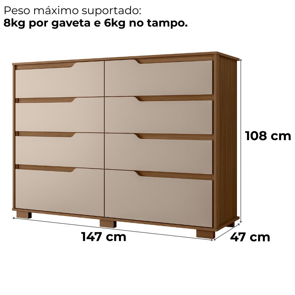 Comoda Georgia 8 Gavetas 147 cm Carvalho Fendi Moval