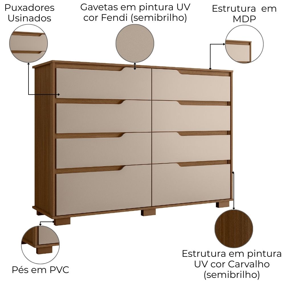 Comoda Georgia 8 Gavetas 147 cm Carvalho Fendi Moval