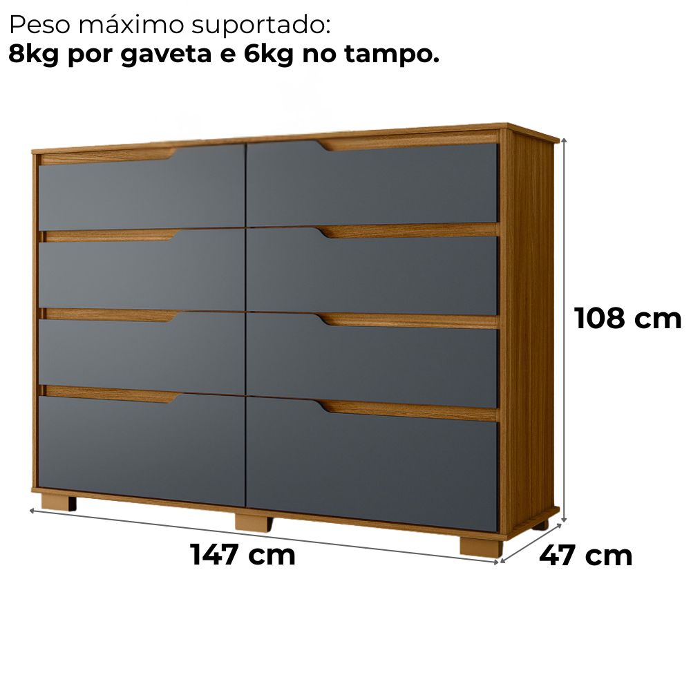 Comoda Georgia 8 Gavetas 147 cm Freijo Cinza Moval
