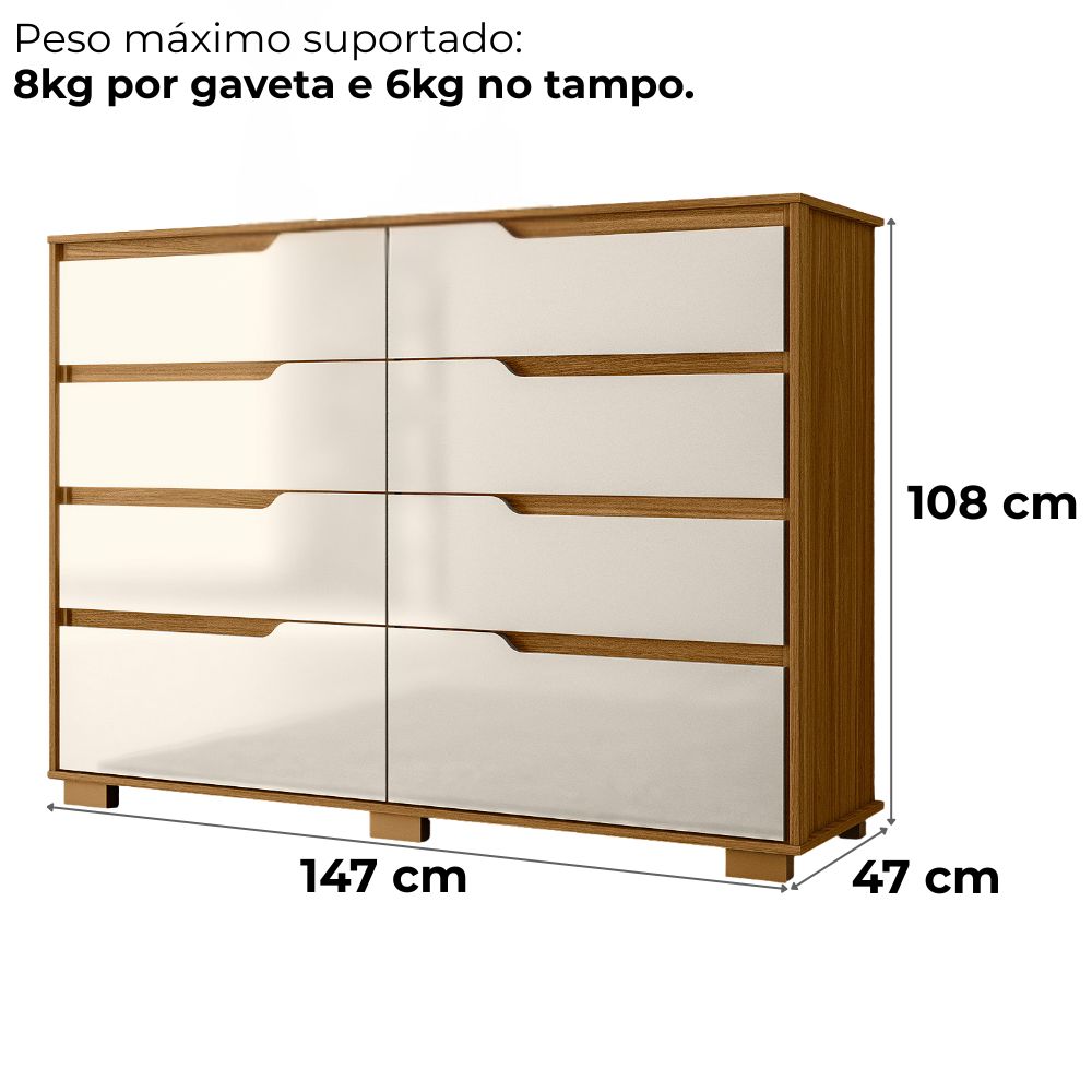 Comoda Georgia 8 Gavetas 147 cm Freijo Off White Moval