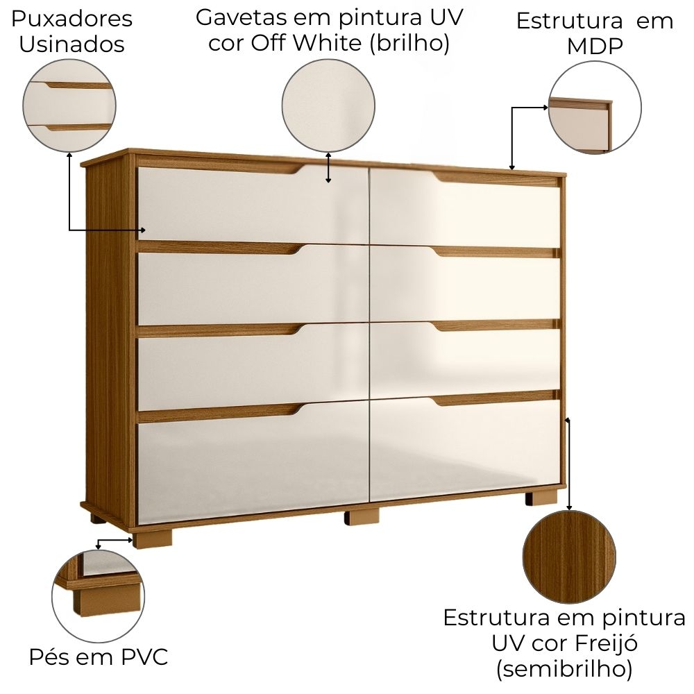 Comoda Georgia 8 Gavetas 147 cm Freijo Off White Moval