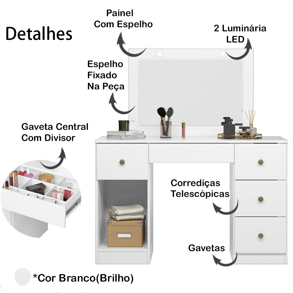 Comoda Penteadeira Camarim Sonhos Com Espelho 9904 Branco Moval