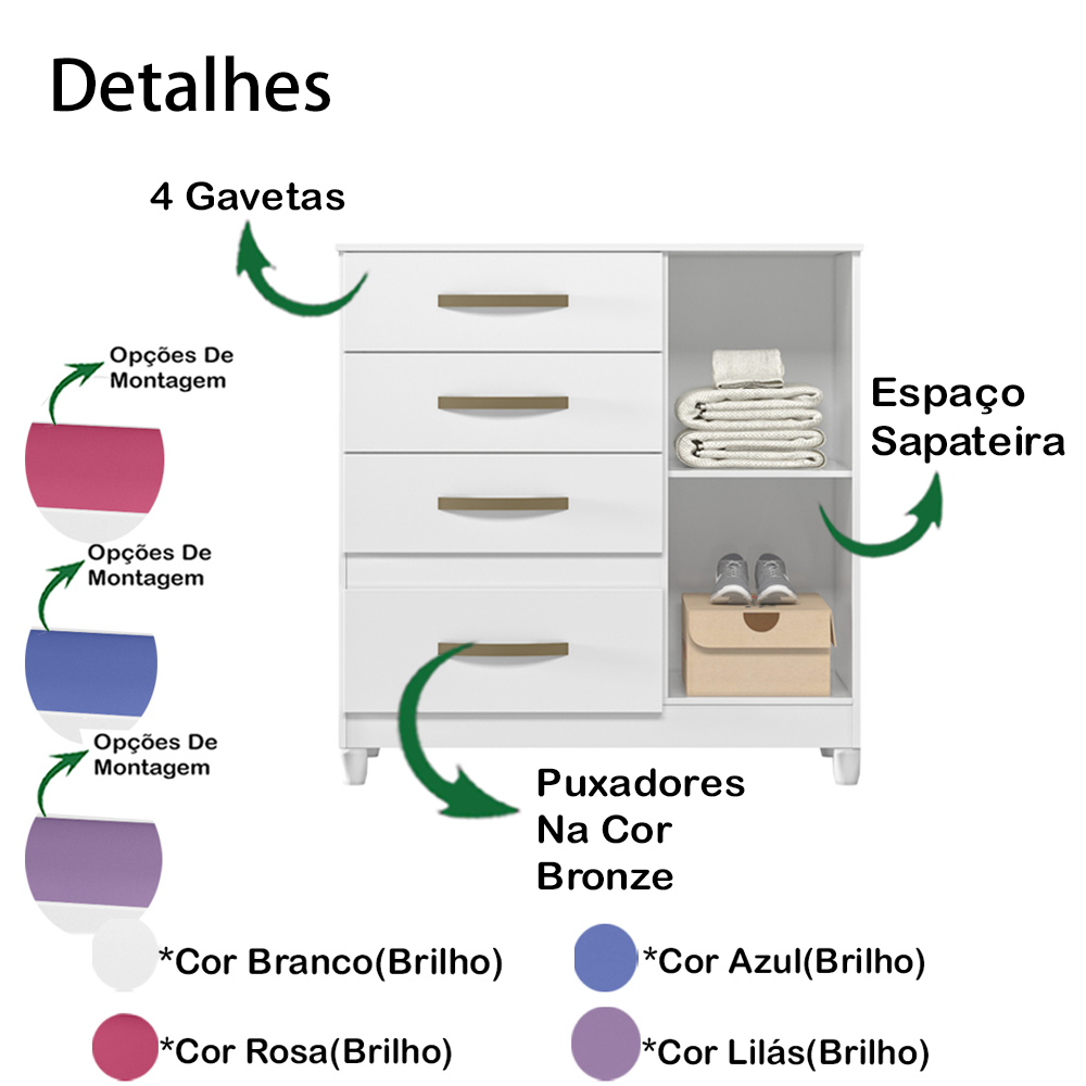 Comoda Sapateira Com Pes 4 Gav 7070 Branco Flex Moval