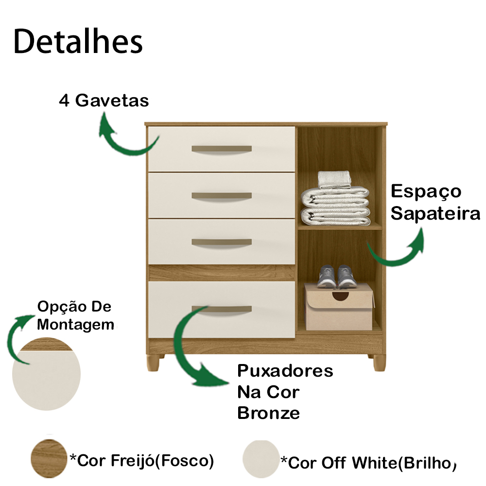 Comoda Sapateira Com Pes 4 Gav 7070 Freijo Off White Moval