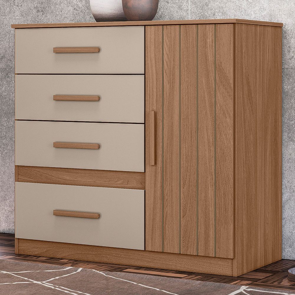 Comoda Venus 4 Gavetas 1 Porta 98 cm Carvalho Fendi Friso Moval