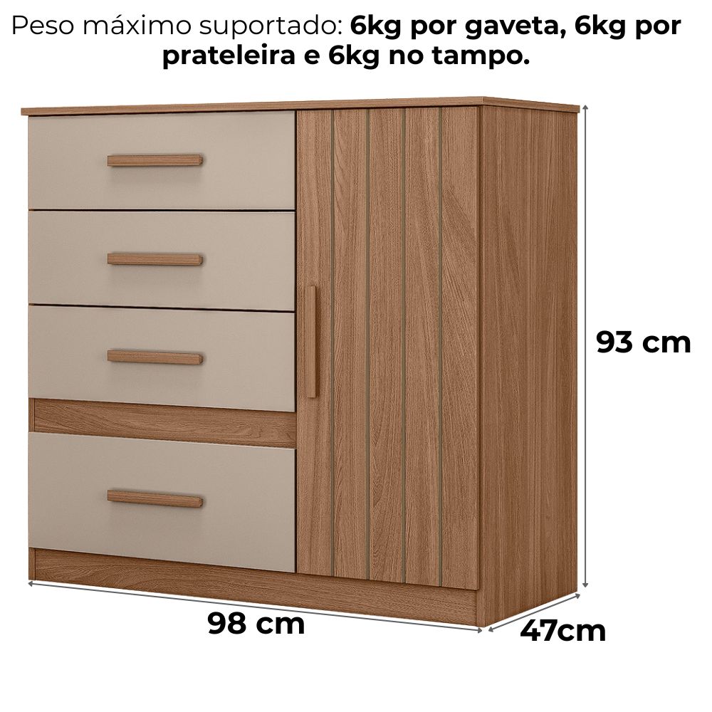 Comoda Venus 4 Gavetas 1 Porta 98 cm Carvalho Fendi Friso Moval